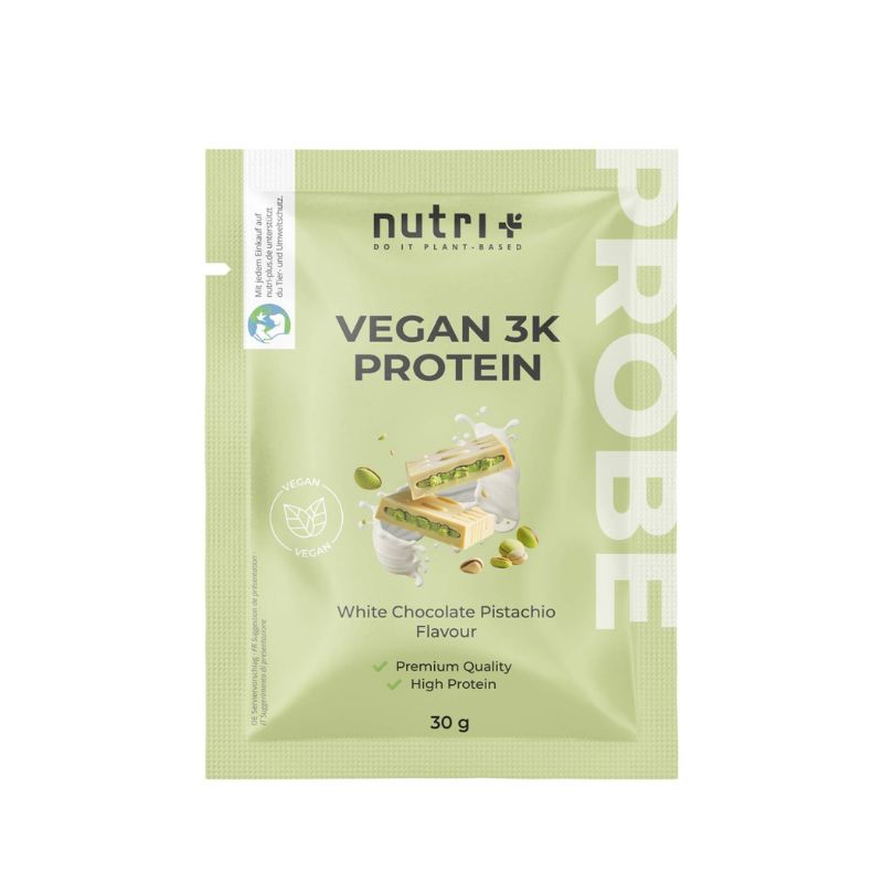 Nutri-Plus Vegan 3K Proteinpulver Probe 30g Weiße Schokolade-Pistazie